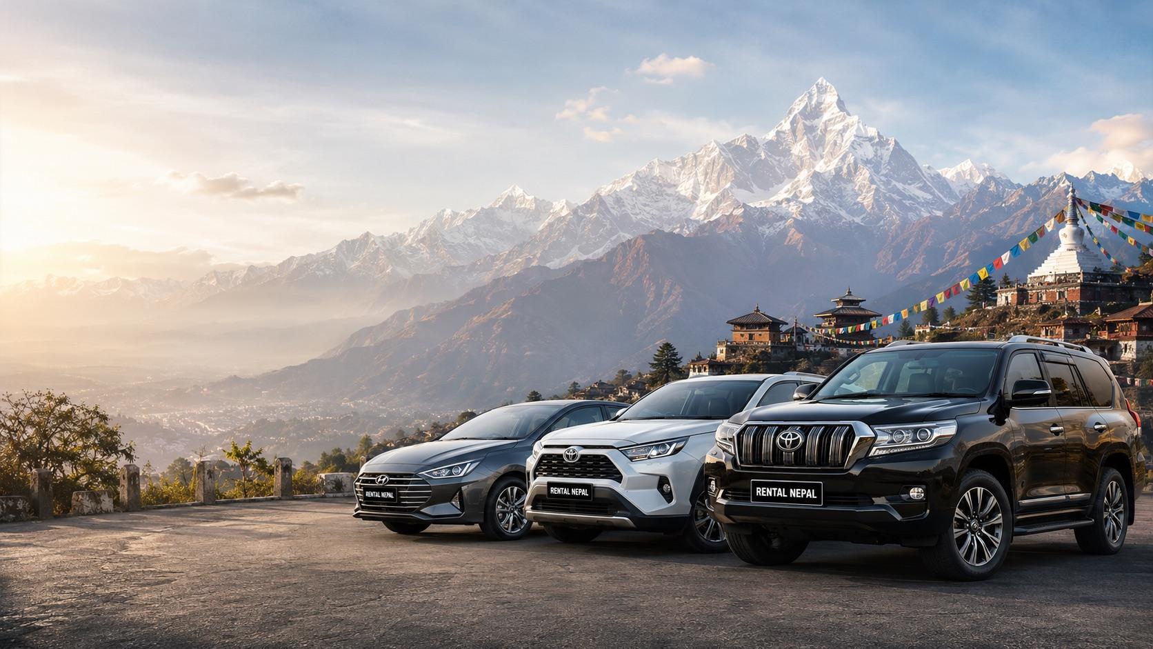 Glide rental SUVs with Nepal plates parked on a ridge above the valley, snow-capped Himalayan peaks and prayer flags behind them at sunrise